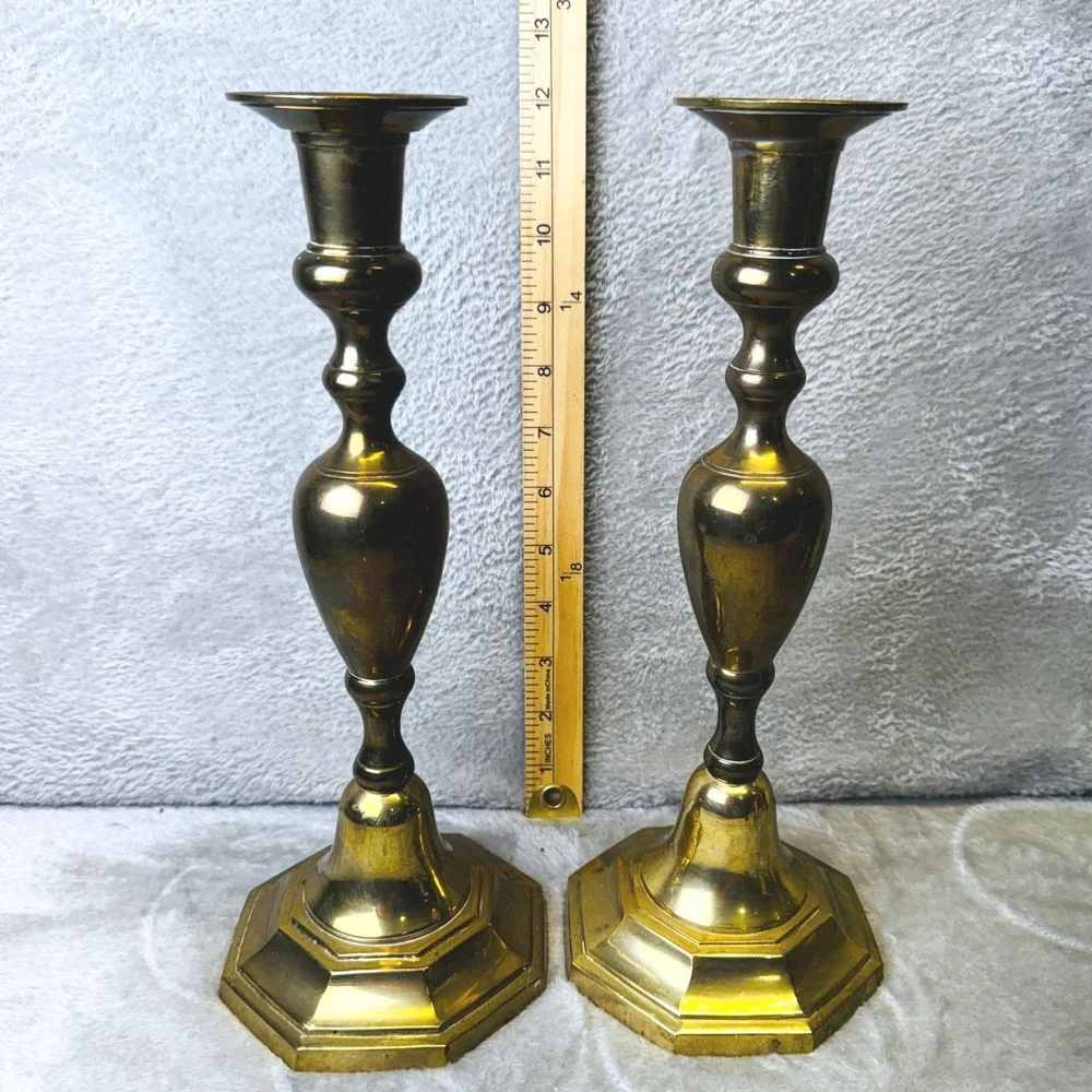 Vtg. Brass Candlesticks Pair 12 Inch Altar Hexagon Base Baluster Stem India Gold